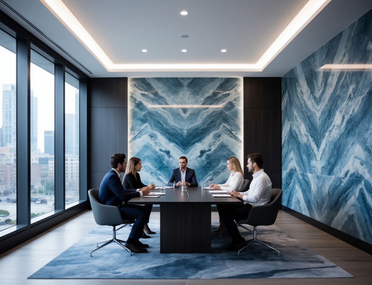 Офис с отделкой керамогранитом под голубой оникс