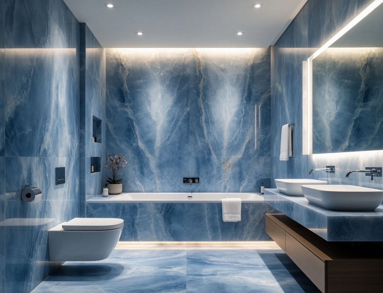 Ванная комната с отделкой керамогранитом под голубой оникс