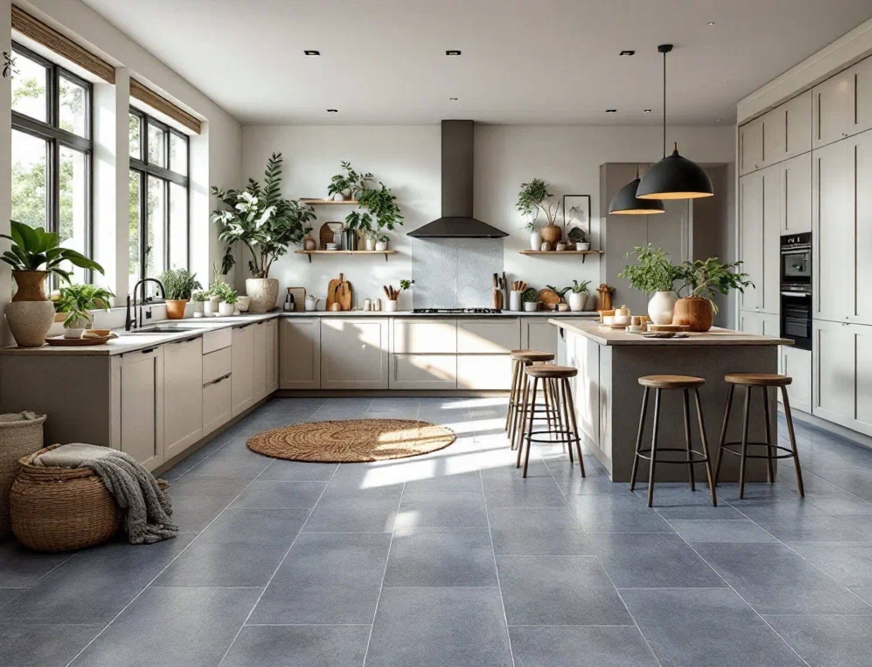 Хорошее сочетание керамогранита с кухонной мебелью